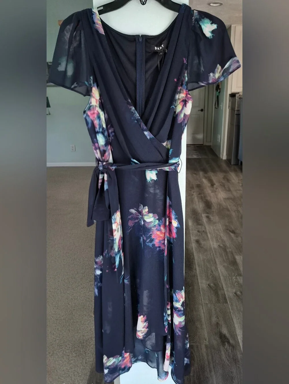 DKNY Navy Floral Wrap Midi Dress